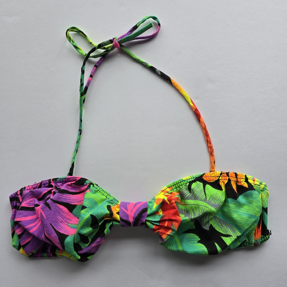 Vintage 80's Tropical Bikini Top 100% Cotton Neon Costume Cruise Vacation Size 9 - Picture 3 of 7